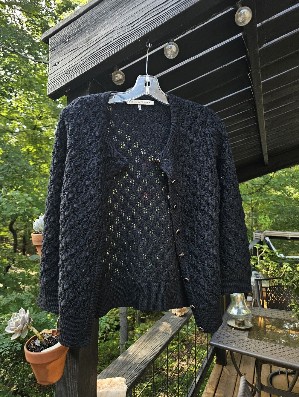 Merino Wool Black Open-Knit Button-Front Women’s Sweater